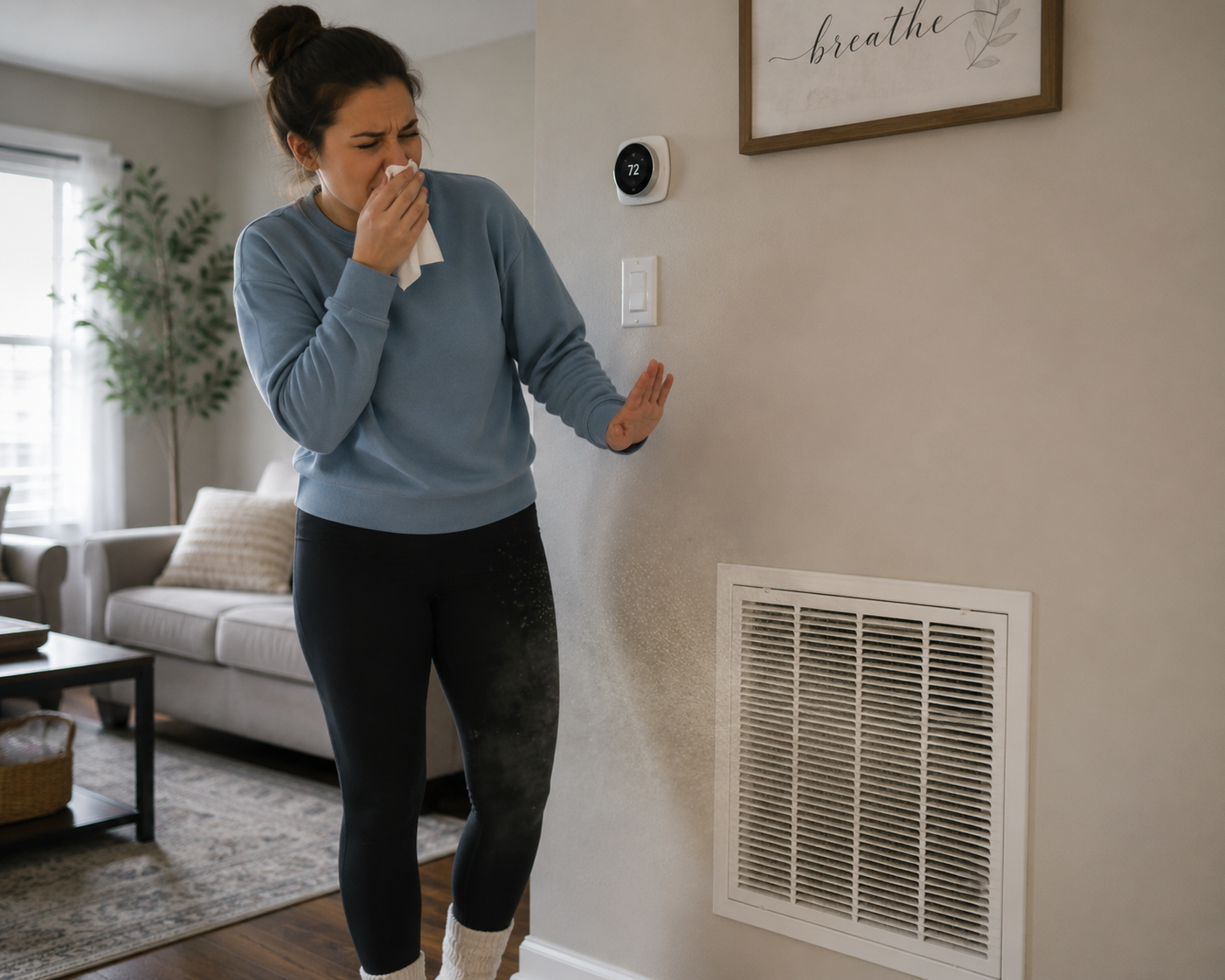 Woman Reacts to increased allergies which is one of the signs you might need duct cleaning